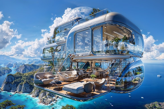 Futuristic floating house on sky above islands in bay
