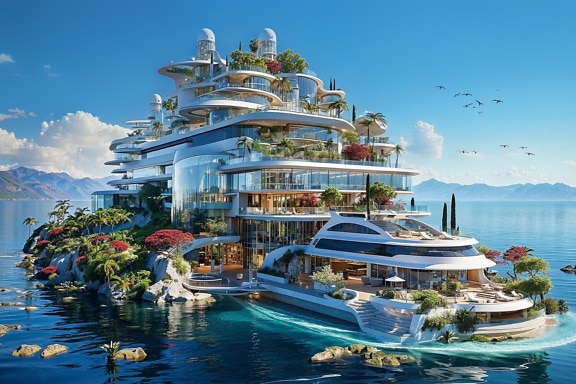 Konsept av fremtidens hus på tropisk øy
