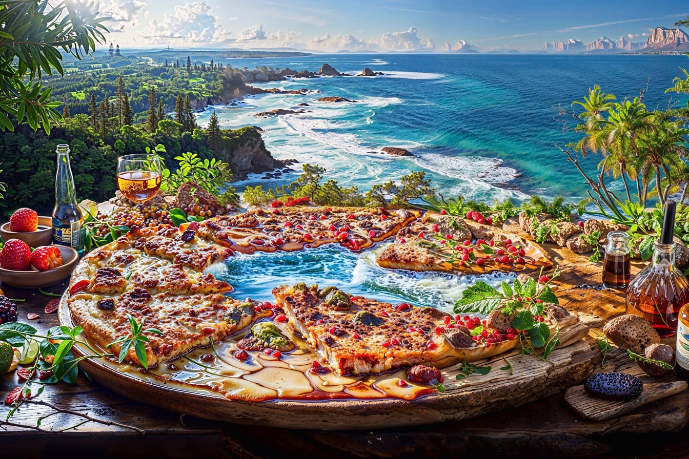 Pizza en una fuente con una vista del océano de fondo