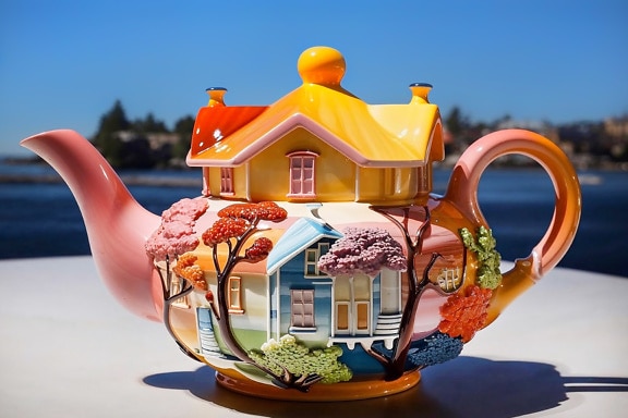 Porseleinen theepot in de vorm van een huis met geschilderde decoraties erop