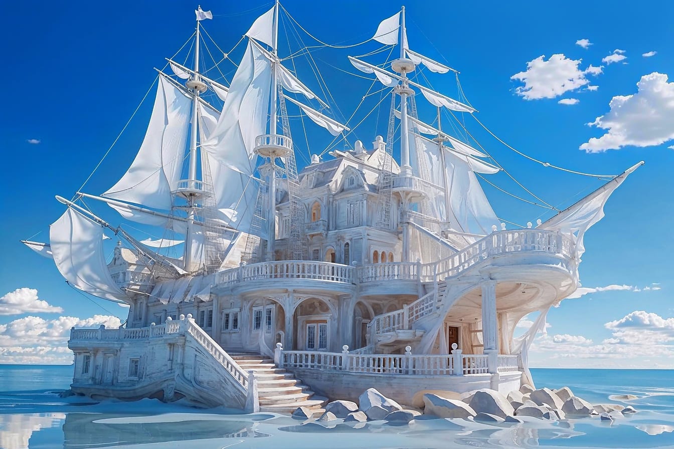 Illustration av ett hus i form av ett vitt piratskepp i vattnet