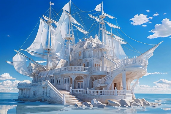 Ilustrace domu ve tvaru bílé pirátské lodi ve vodě