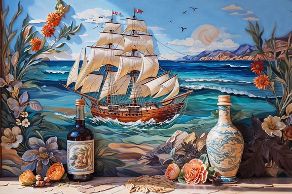 Vægmaleri af et sejlskib på væggen med en flaske vin og vase foran væggen