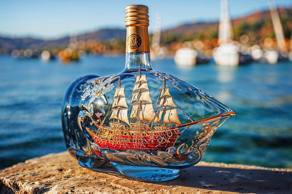Glassflaske med et håndlaget seilskip i
