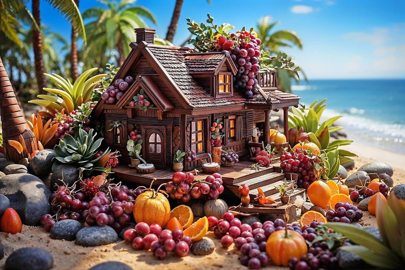 Fotomontajul unei case în miniatură pe o plajă tropicală cu fructe în jurul ei