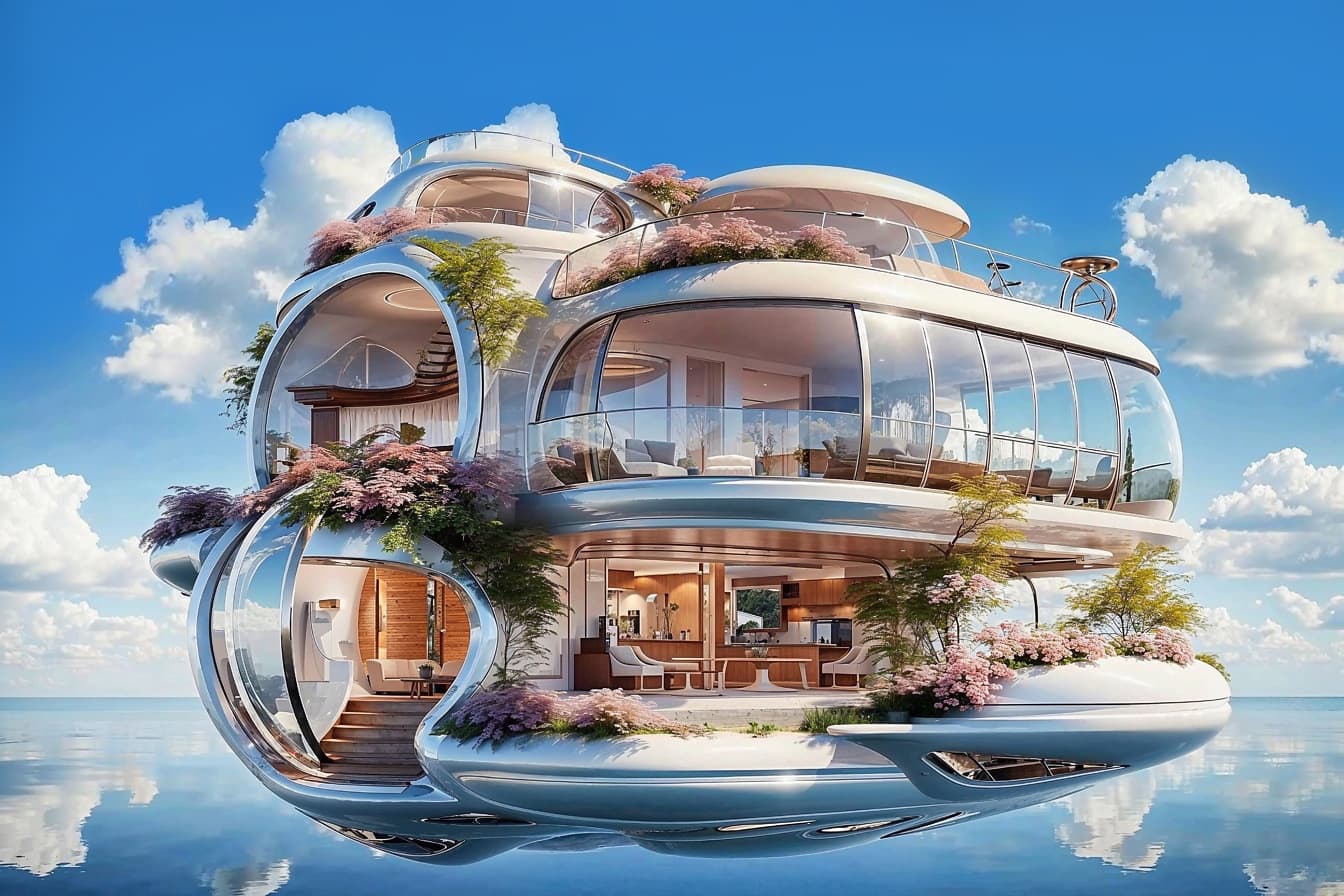 Gráfico futurista de una casa moderna flotante en un cielo con un balcón