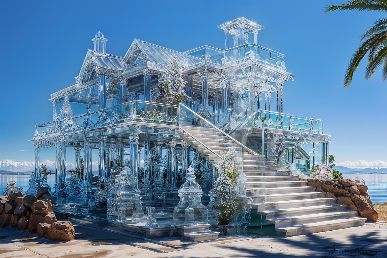 Concept van het glazen huis van de toekomst met trap