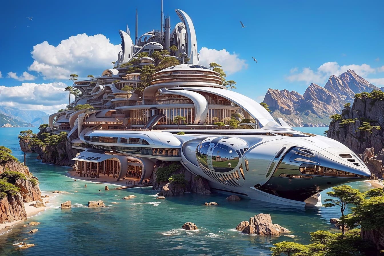 Futuristisches Konzept des Hauses der Zukunft in Form einer Yacht auf einer felsigen Insel