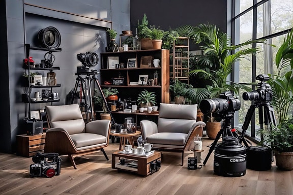 Photo studio room with a large digital camera on tripod