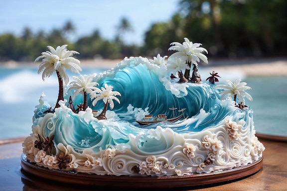 波とヤシの木のケーキ