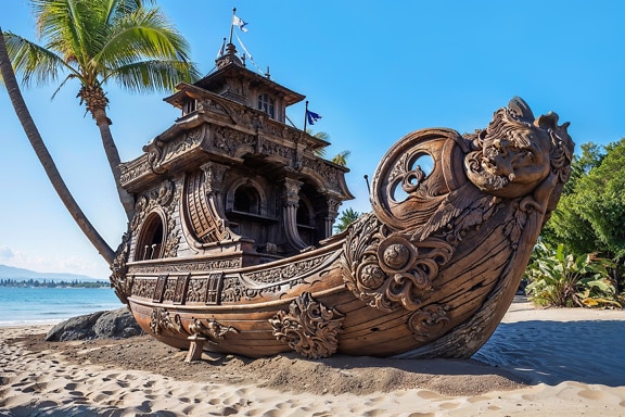Corabia piraților din lemn cu decorațiuni sculptate pe o plajă tropicală nisipoasă