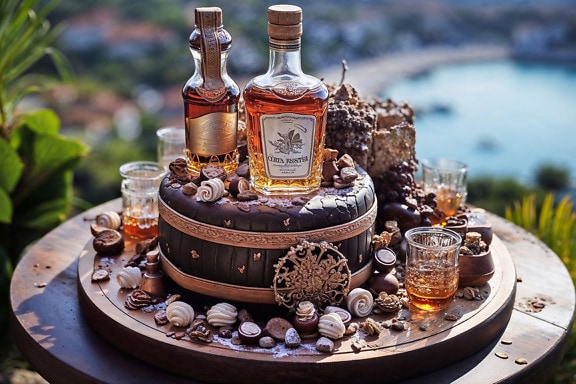 Table with a chocolate cake and bottles of liquor
