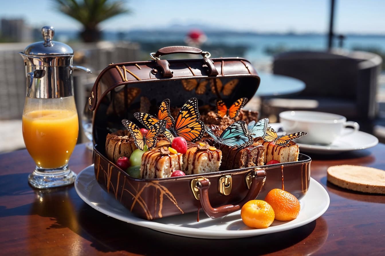 Schokoladenkuchen in Form eines Koffers mit Desserts und Schmetterlingen darin