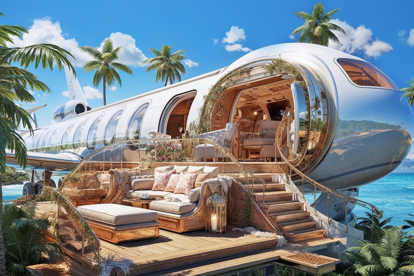 Έννοια του σπιτιού του μέλλοντος σε σχήμα επιβατικού αεροπλάνου σε τροπικό νησί