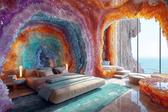 Комната с кроватью и разноцветными стенами, покрытыми кристаллами