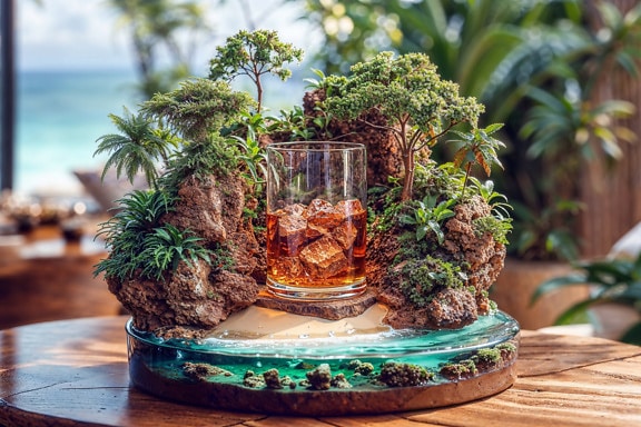 Glass with liquor and ice cubes on a small decorative bonsai on a table