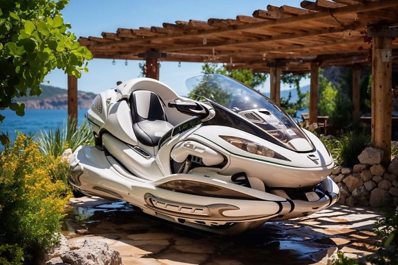 Белый гидроцикл, припаркованный на каменной поверхности в Хорватии