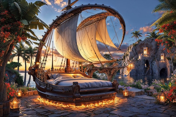 Bed in a shape of an old sailboat in fire on a stone path