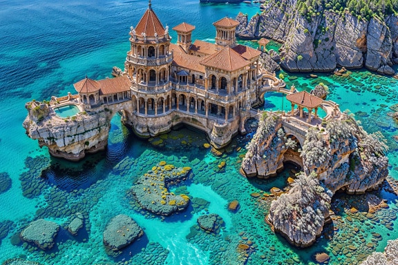 Aerial view of a luxury palace on cliff surrounded by coral reefs