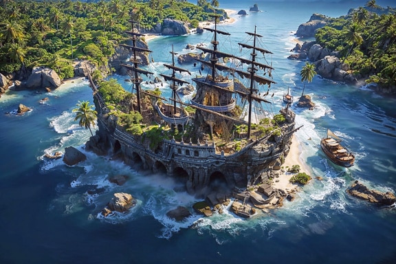 Luftfoto af en ø med strandet gammelt pirat sejlskibsvrag på den