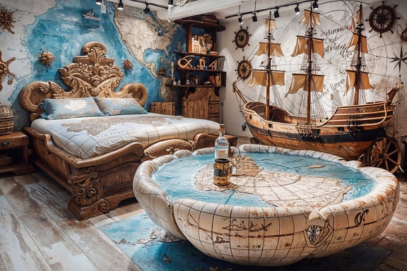 Room with a bed and a table with old sailing map on it