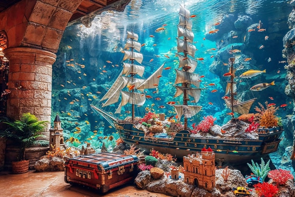 Interessant akvarium med gammelt sejlskib inde