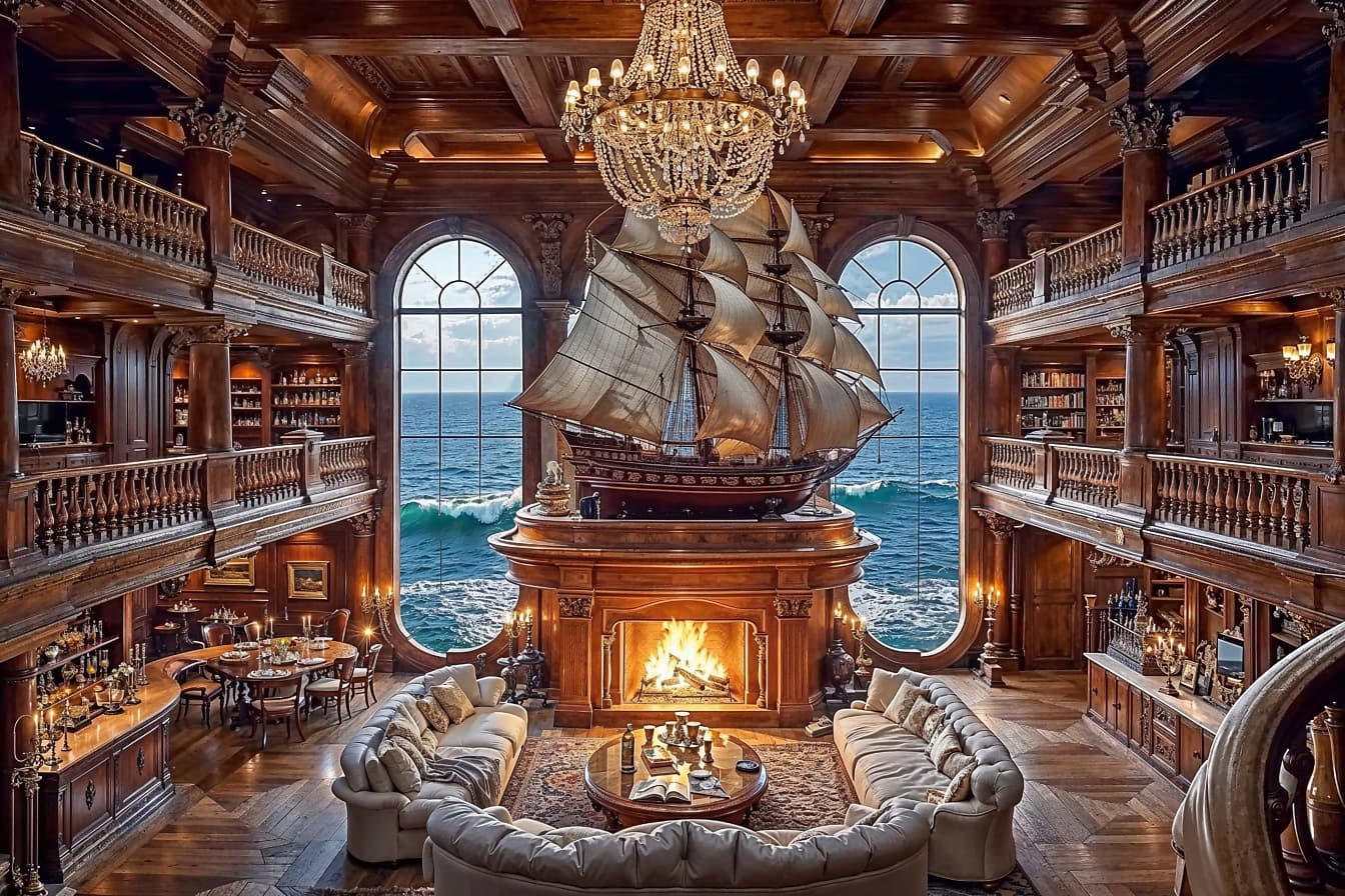 Sala de estar de un multimillonario con una decoración de velero encima de una chimenea