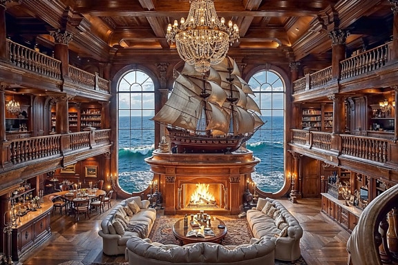 Billionaire’s living room with a decoration of sailing ship on top of a fireplace