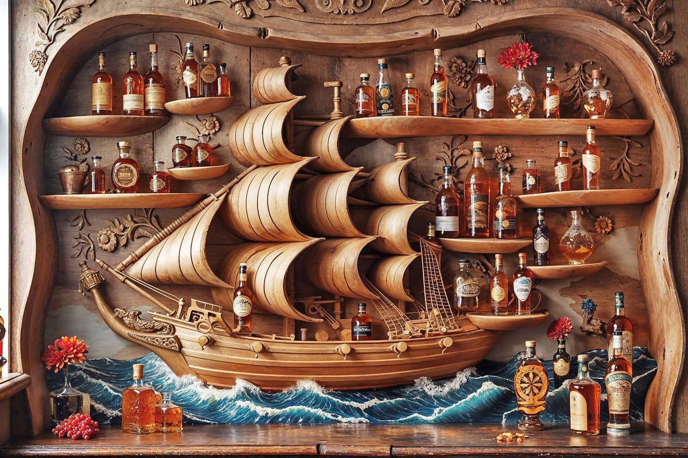 Dekorasi perahu layar di dinding restoran dengan botol minuman keras di rak
