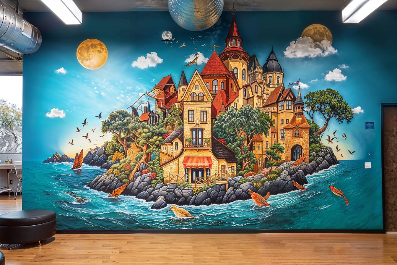 Väggmålning av ett slott på en stenig ö på väggen inuti rummet