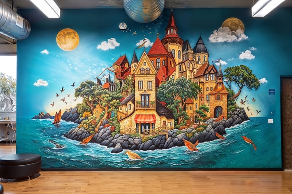Mural of a castle on a rocky island on wall inside room