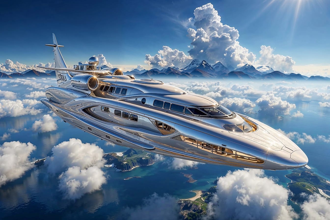 Concepto del avión futurista volando sobre las nubes