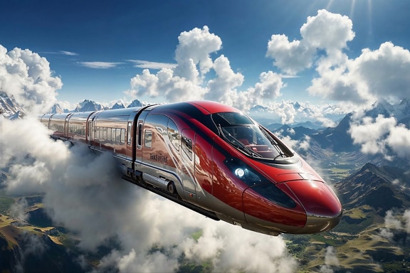 Concept of the futuristic train flying through the clouds