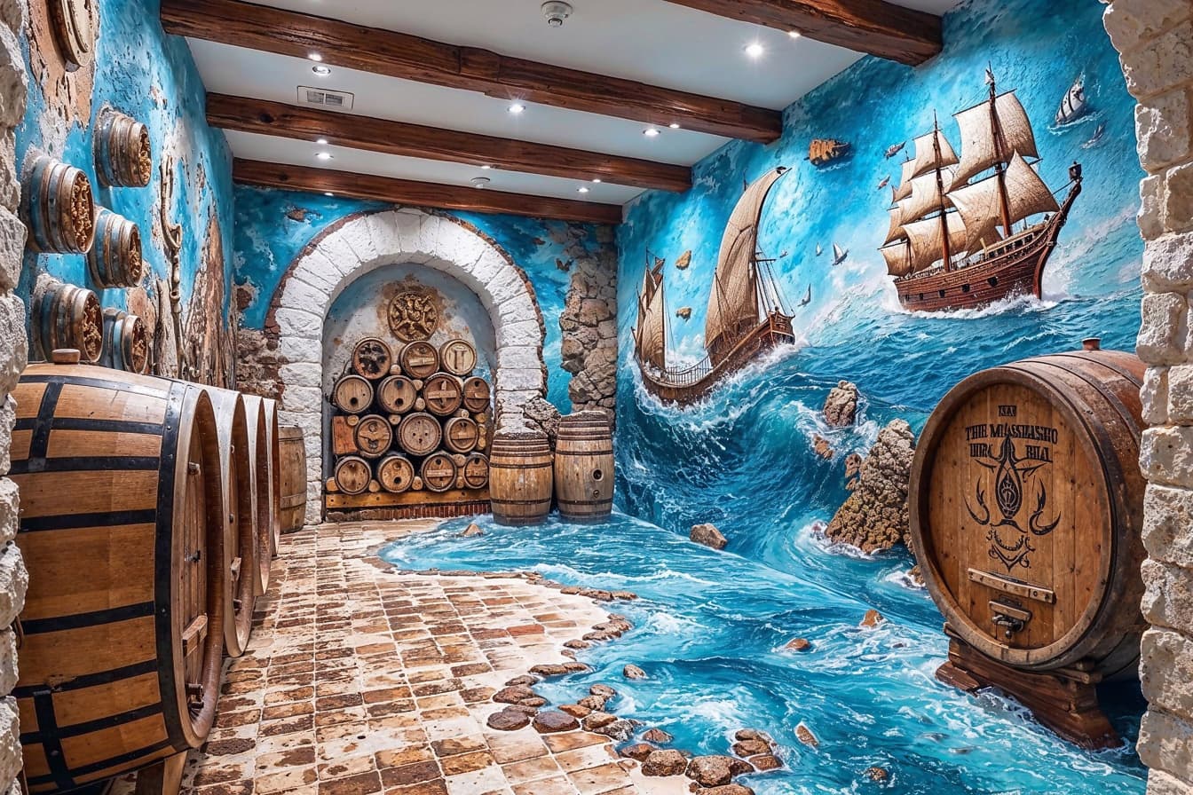 Kelder van wijnmakerij met oude wijnvaten en muurschilderingen van oud zeilschip op de muur