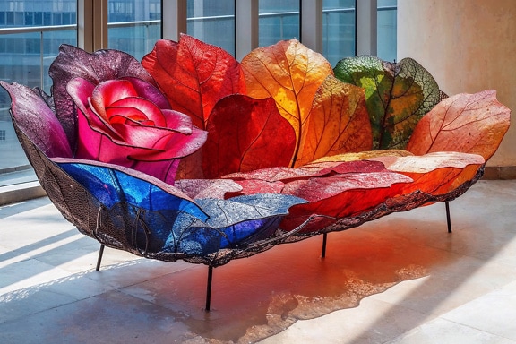 Kleurrijke gebrandschilderde glasbank in een vorm van bloemen met grote bladeren