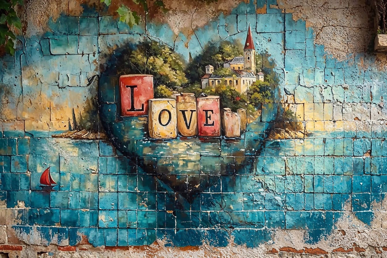 Romanttinen graffiti vanhalla seinällä sydämellä ja kirjoituksella rakkaus