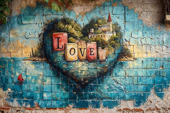 Những bức vẽ graffiti lãng mạn trên bức tường cũ với trái tim và dòng chữ tình yêu