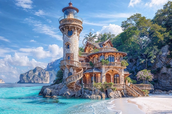 Fairytale lighthouse on a beach on island