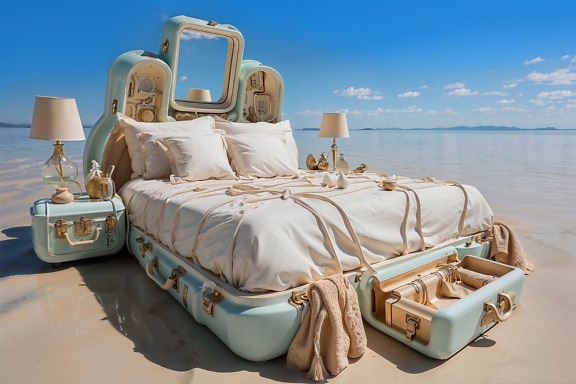 Bed in a shape of a suitcase on the sandy beach