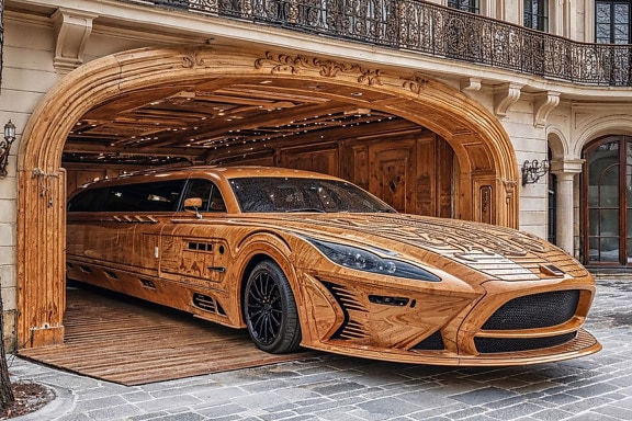 Luksus træ limo bil i en garage af villa