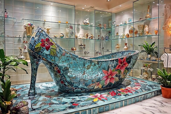Stained glass bathtub in a shape of sandal shoe in luxury bathroom with glass shelfs