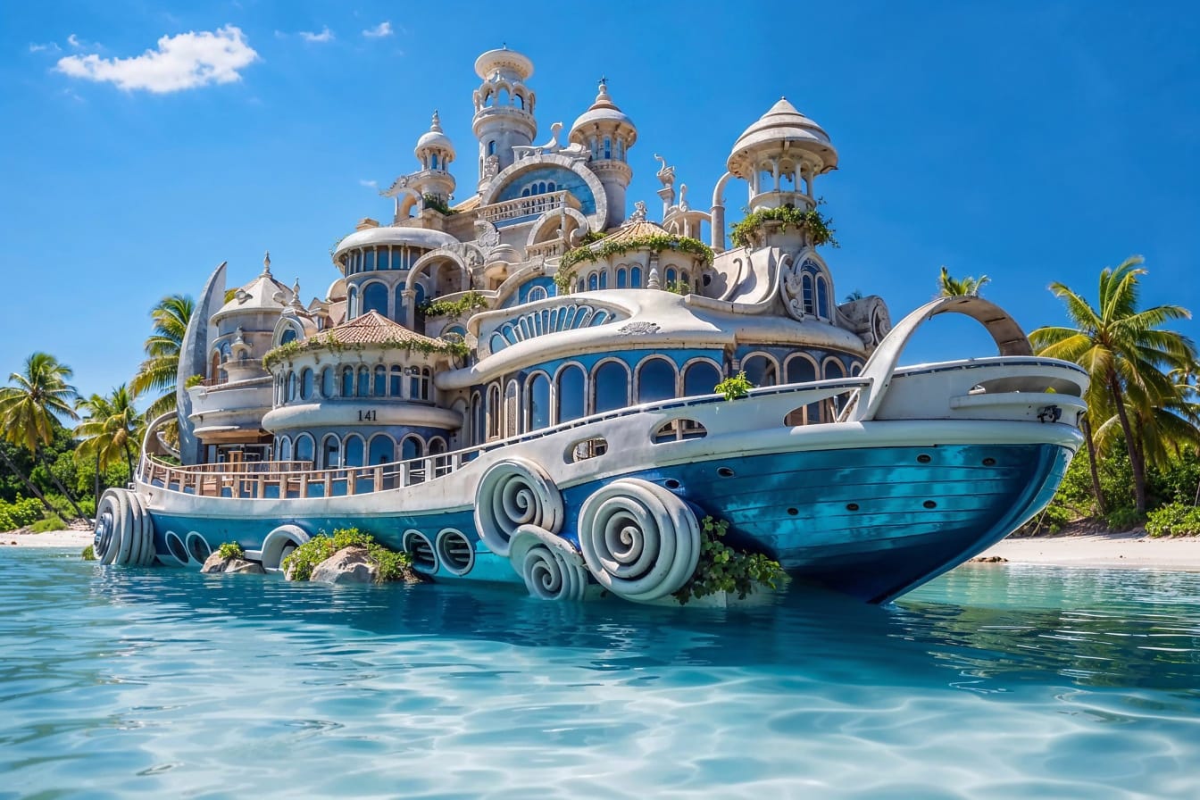 Сказочный корабль на воде в голубой лагуне