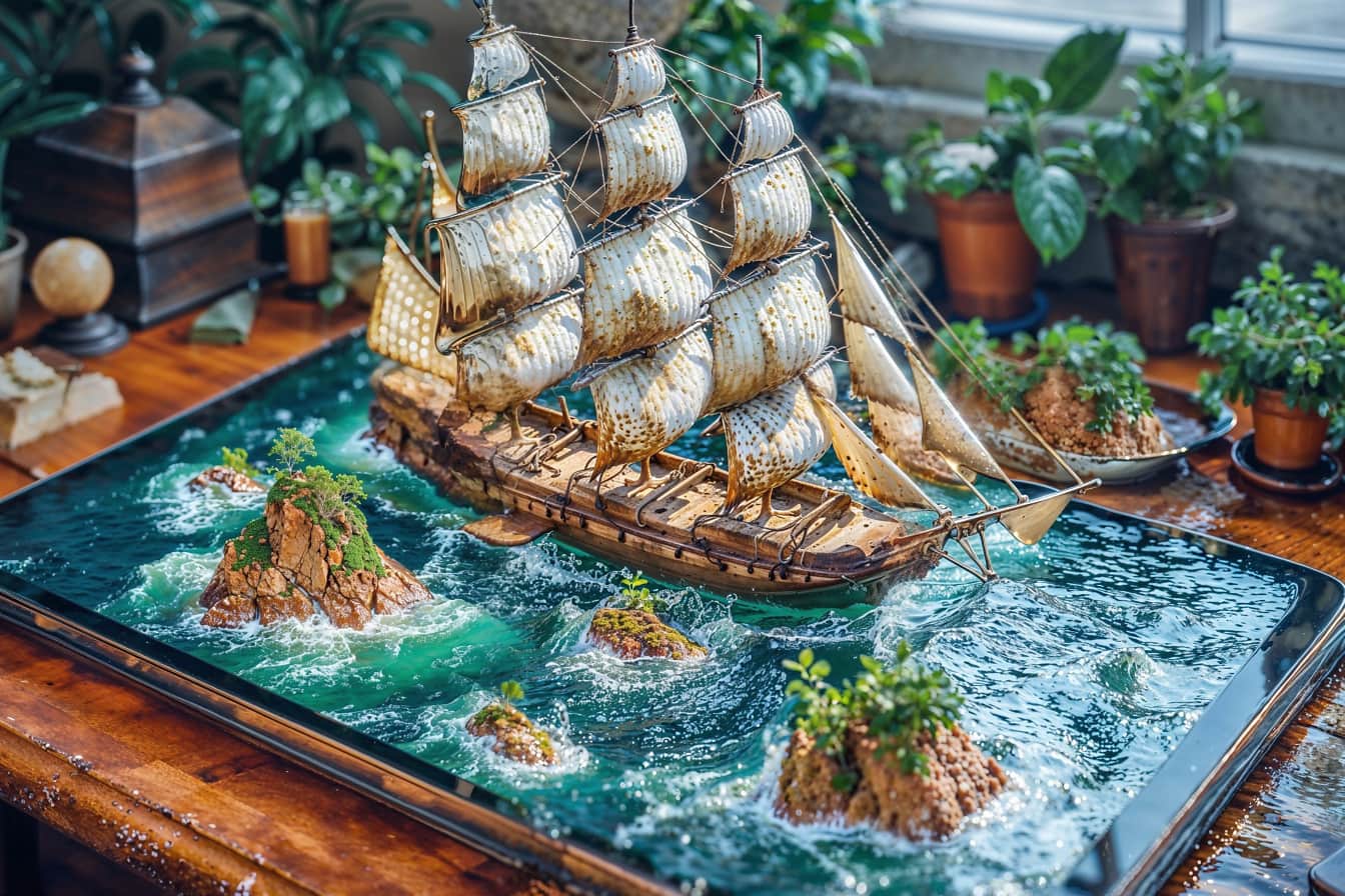 Old sailing ship on water emerges from a cellphone on table