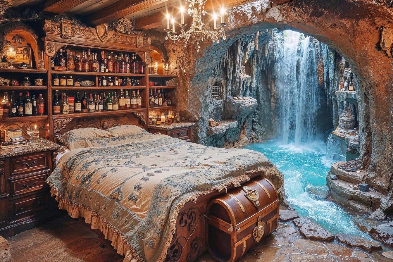 Quarto de hotel em uma caverna com uma cachoeira e com baú de madeira ao lado de uma cama