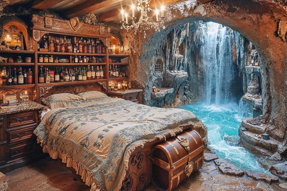 Camera da letto in una grotta con una cascata e con una cassapanca di legno accanto a un letto