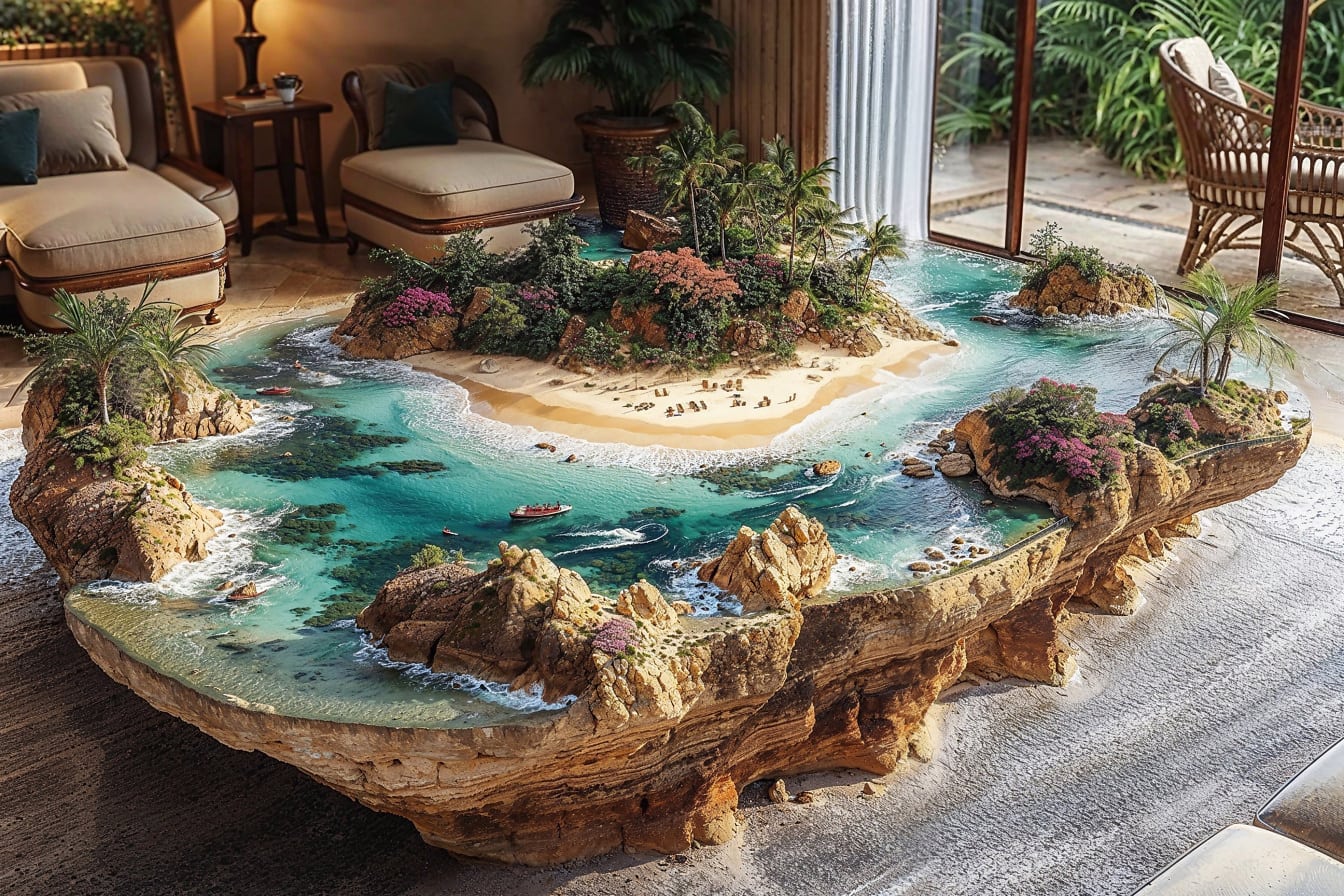 Model tropického ostrova vo vnútri obývačky v hoteli