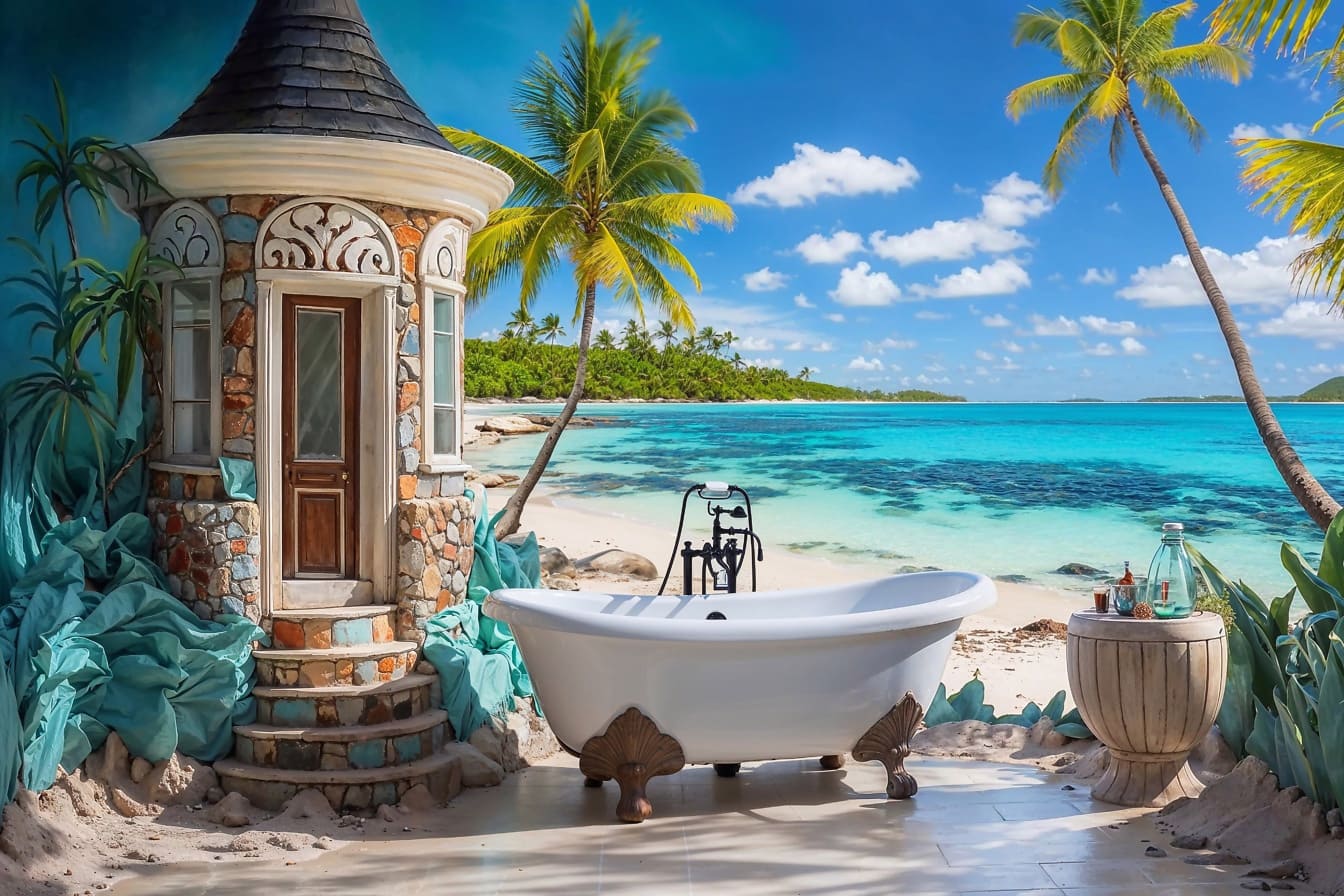 Vasca da bagno su una terrazza sulla spiaggia dei Caraibi con palme