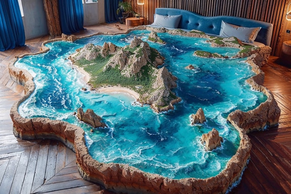 Living room with a 3D model of islands in ocean