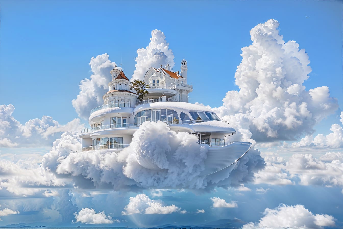 Приказна къща, плаваща в облаците