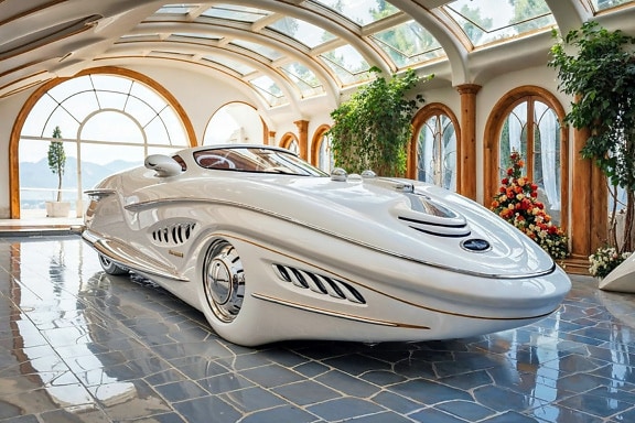 White futuristic car-boat in a room with windows and plants